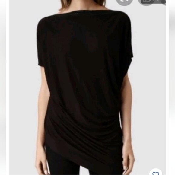 Allsaints Oriel Slouchy Tee Embelished Boat Neckline Asymmetrical Black Top 0 US - Picture 1 of 7